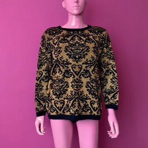 Vintage 80s L Knit Pullover Sweater Shoulder Pads Gold Black Flourish Metallic